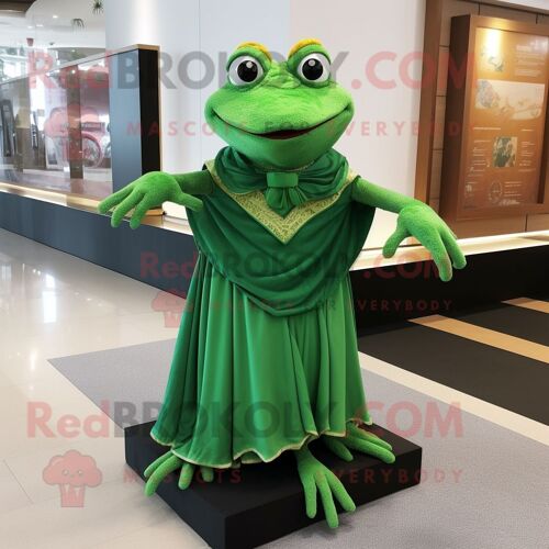 Personnage De Costume De Mascotte Redbrokoly De Grenouille Verte Habillé D'une Mini Robe Et D'épingles À Châle