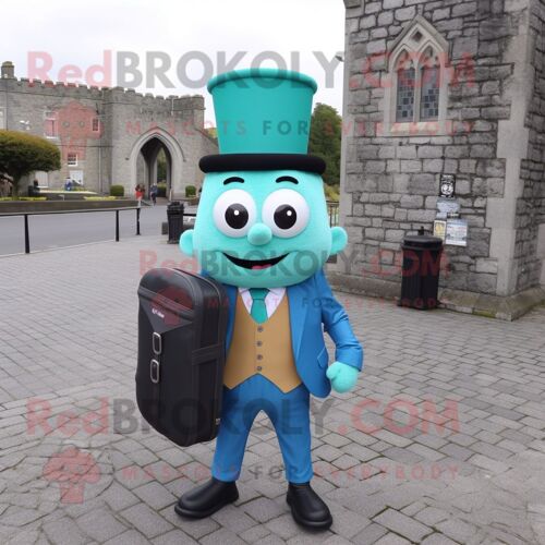 Personnage De Costume De Mascotte Redbrokoly De Château Irlandais Turquoise Habillé D'un Pantalon De Costume Et De Porte-Documents