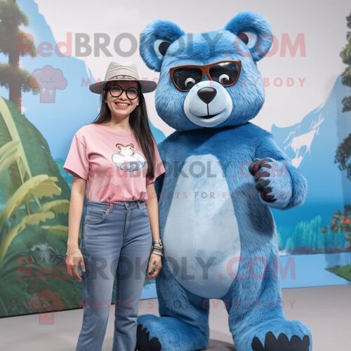 Personnage De Costume De Mascotte Redbrokoly D'ours À Lunettes Bleu Ciel Habillé D'un Jean De Maman Et De Colliers