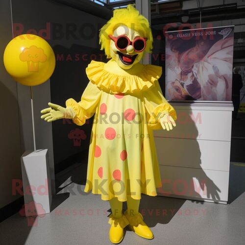 Personnage De Costume De Mascotte Redbrokoly De Clown Maléfique Jaune Citron Habillé D'une Robe Midi Et De Lunettes De Soleil