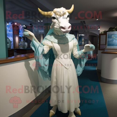 Personnage De Costume De Mascotte Redbrokoly De Zébu Bleu Sarcelle Habillé D'une Robe De Mariée Et De Gants