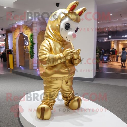 Personnage De Costume De Mascotte Redbrokoly De Fer À Cheval Doré Habillé D'une Parka Et De Bracelets De Cheville