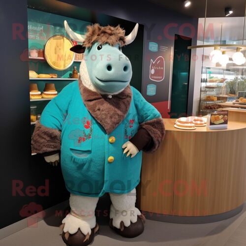 Personnage De Costume De Mascotte Redbrokoly Turquoise Beef Wellington Habillé Avec Un Cardigan Et Des Broches