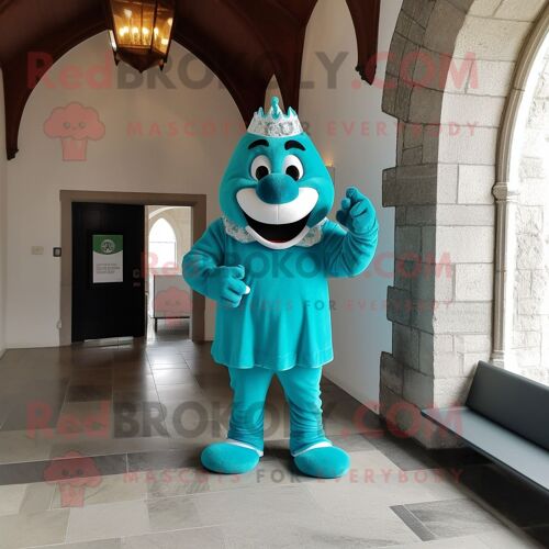 Personnage De Costume De Mascotte Redbrokoly De Château Irlandais Turquoise Vêtu D'un T-Shirt À Col En V Et De Gants