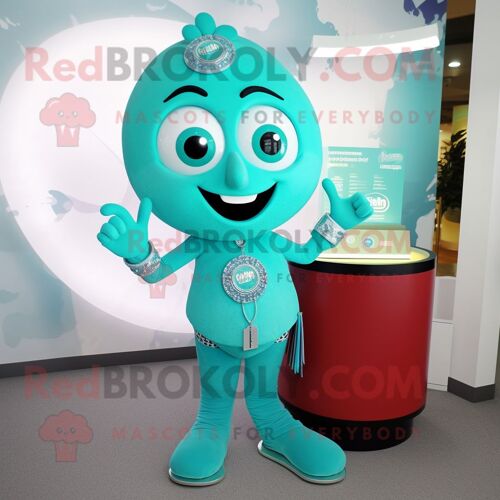 Personnage De Costume De Mascotte Redbrokoly De Bague De Fiançailles Turquoise Habillé D'un Jegging Et De Pochettes