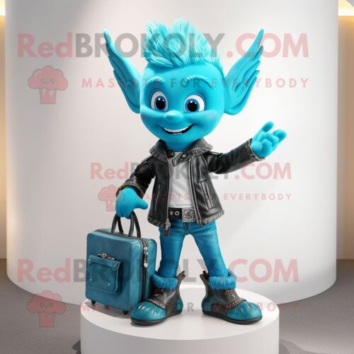 Personnage De Costume De Mascotte Redbrokoly Cyan Tooth Fairy Habillé D'une Veste En Cuir Et De Sacs À Main