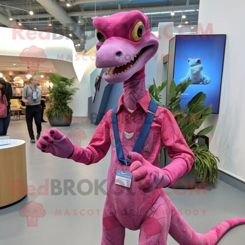 Costume De Mascotte Redbrokoly Magenta Coelophysis Habillé Avec Une Chemise Chambray Et Des Montres Bracelet