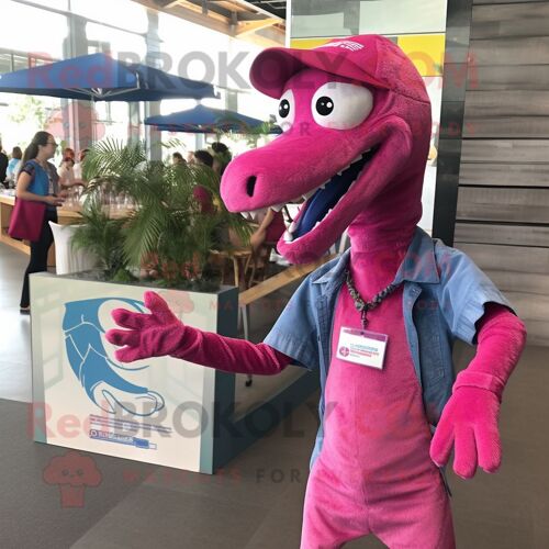 Costume De Mascotte Redbrokoly Magenta Coelophysis Habillé Avec Une Chemise Chambray Et Des Montres Bracelet