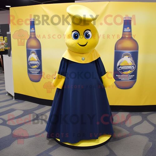 Personnage De Costume De Mascotte Redbrokoly Bouteille De Moutarde Bleu Marine Habillé D'une Jupe Circulaire Et D'épingles À Châle