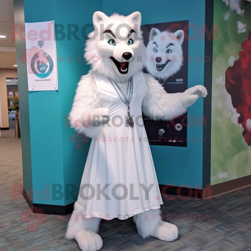 Personnage De Costume De Mascotte Redbrokoly De Loup Blanc Habillé D'une Robe De Bal Et D'épinglettes