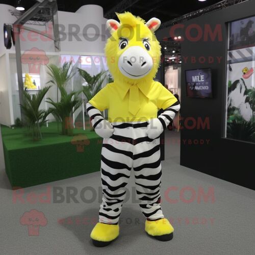 Personnage De Costume De Mascotte Redbrokoly De Zèbre Jaune Citron Habillé D'un Pantalon Chino Et De Bretelles