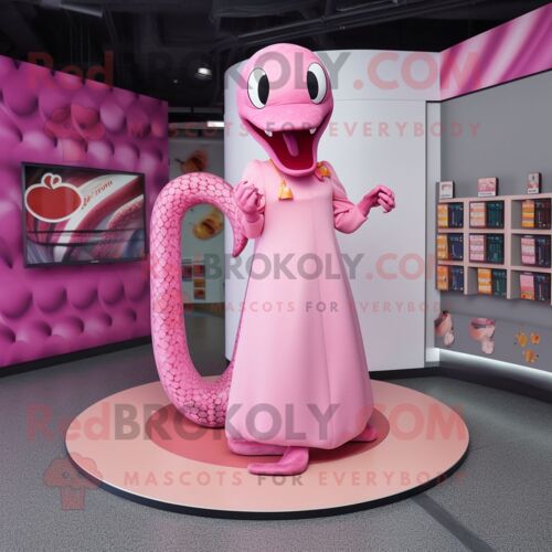 Personnage De Costume De Mascotte Redbrokoly De Serpent Rose Habillé D'une Jupe Circulaire Et D'épinglettes