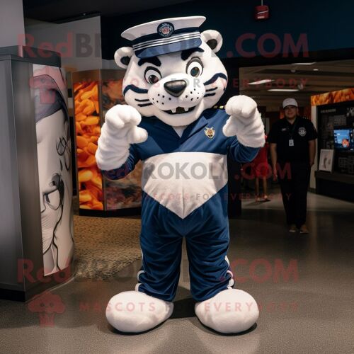 Costume De Mascotte Redbrokoly Tigre Bleu Marine Habillé D'un T-Shirt Et De Lacets