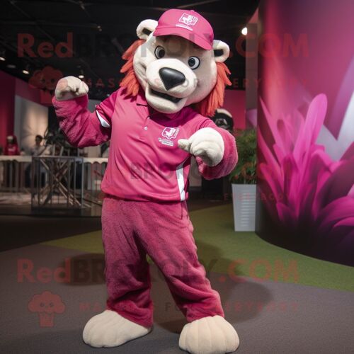 Personnage De Costume De Mascotte Redbrokoly De Tigre À Dents De Sabre Magenta Habillé D'un Polo Et De Bonnets