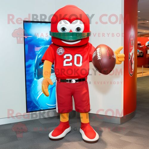 Personnage De Costume De Mascotte Redbrokoly De Casque De Football Américain Rouge Habillé D'un Bermuda Et De Boucles D'oreilles
