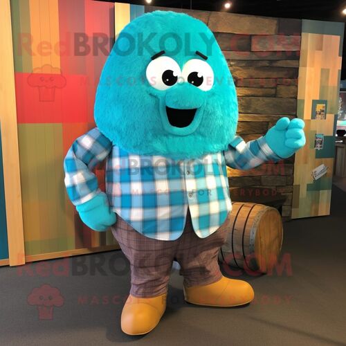 Personnage De Costume De Mascotte Redbrokoly Turquoise Human Cannon Ball Habillé Avec Une Chemise En Flanelle Et Des Pochettes