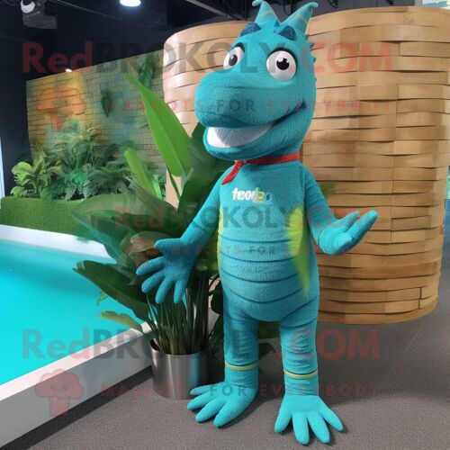 Personnage De Costume De Mascotte Redbrokoly De Crocodile Cyan Habillé D'un Maillot De Bain Et De Porte-Clés