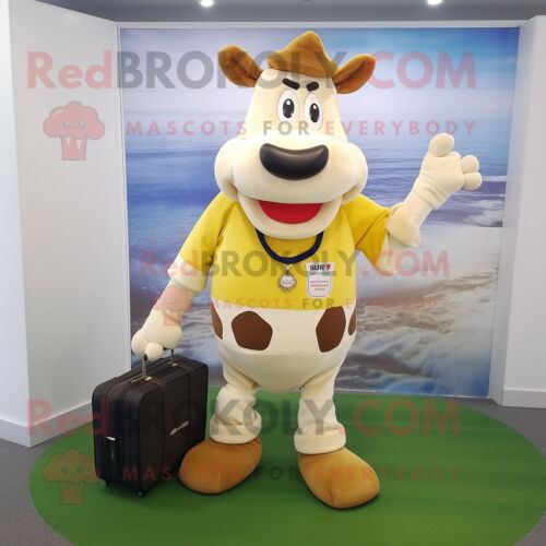 Mascotte Redbrokoly De Personnage De Vache De Guernesey Beige Habillée D'un Maillot De Rugby Et De Mallettes