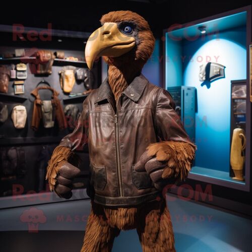 Mascotte Redbrokoly De Personnage Dodo Bird Marron Habillé D'une Veste En Cuir Et De Gants