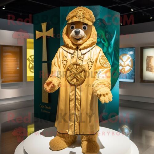 Personnage De Costume De Mascotte Redbrokoly De Croix Celtique Dorée Habillé D'un Coupe-Vent Et De Bandeaux