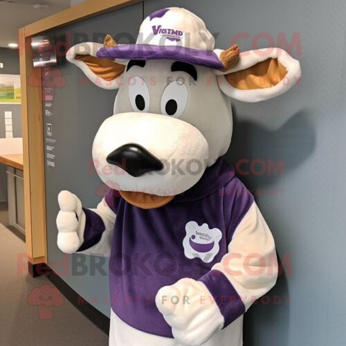 Mascotte Redbrokoly De Personnage De Vache Holstein Violette Habillée D'un Pull Et D'épingles À Chapeau