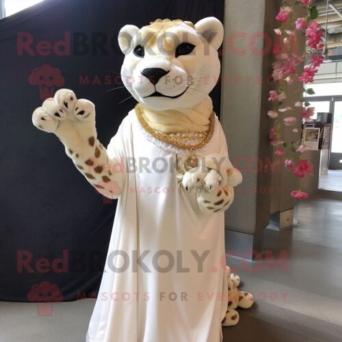 Personnage De Costume De Mascotte Redbrokoly De Panthère Crème Vêtu D'une Robe De Mariée Et D'épingles À Châle