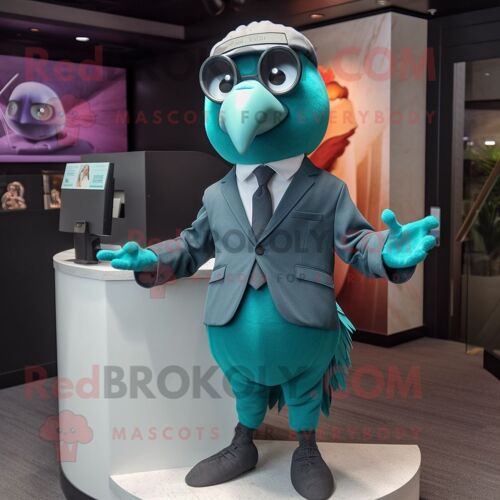 Personnage De Costume De Mascotte Redbrokoly De Pigeon Bleu Sarcelle Habillé D'un Costume Et De Boucles D'oreilles
