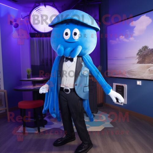 Personnage De Costume De Mascotte Redbrokoly De Méduse Bleue Habillé D'un Blazer Et De Bretelles