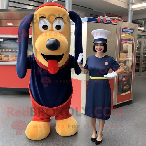 Personnage De Costume De Mascotte Redbrokoly De Hot Dogs Bleu Marine Habillé D'une Robe Droite Et De Boucles D'oreilles