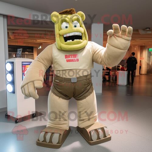Personnage De Costume De Mascotte Redbrokoly De Monstre De Frankenstein Beige Habillé Avec Un Jean Bootcut Et Des Gants