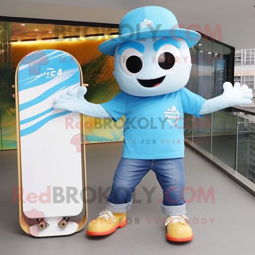 Personnage De Costume De Mascotte Redbrokoly De Skateboard Bleu Ciel Habillé D'un T-Shirt Et De Casquettes