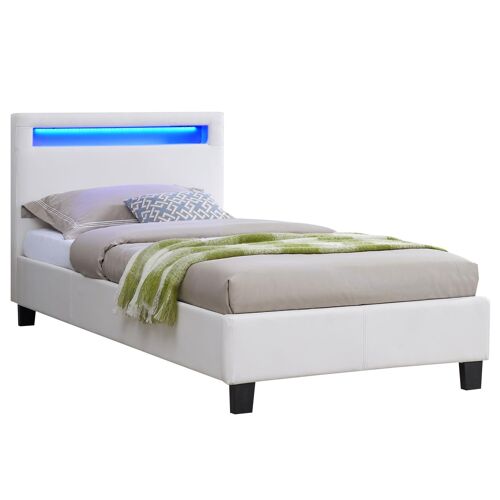 Lit simple pour adulte ou enfant LUCENO avec sommier 90x190 cm 1 place, tête de lit avec LED intégrées, en synthétique blanc