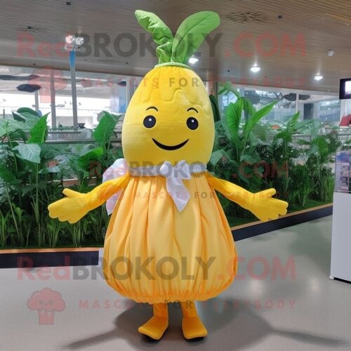 Personnage De Costume De Mascotte Redbrokoly De Carotte Jaune Citron Habillé D'une Jupe Circulaire Et De Pinces À Cheveux