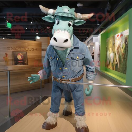 Mascotte Redbrokoly De Personnage De Zébu Vert Habillé D'une Chemise En Jean Et De Broches