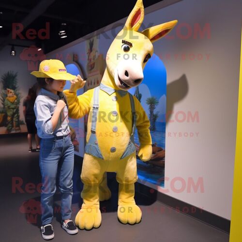 Personnage De Costume De Mascotte Redbrokoly D'âne Jaune Habillé D'une Chemise En Jean Et De Montres