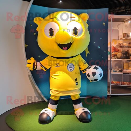 Personnage De Costume De Mascotte Redbrokoly De But De Football Jaune Habillé D'un Maillot De Rugby Et De Ceintures