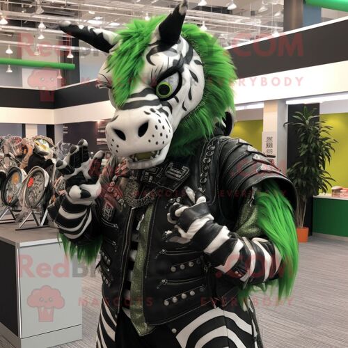 Personnage De Costume De Mascotte Redbrokoly De Zèbre Vert Forêt Habillé D'une Veste De Moto Et De Colliers