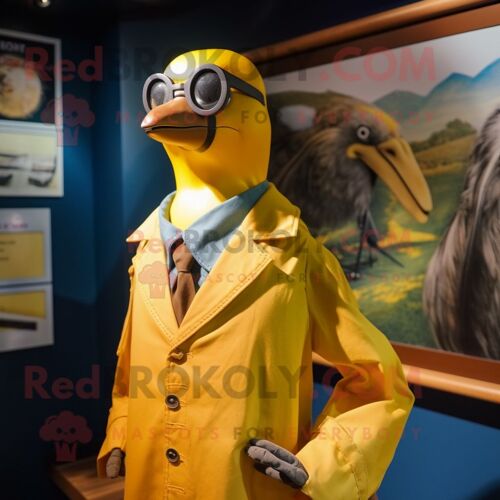 Personnage De Costume De Mascotte Redbrokoly De Pigeon Passager Jaune Habillé D'un Gilet Et De Lunettes De Soleil