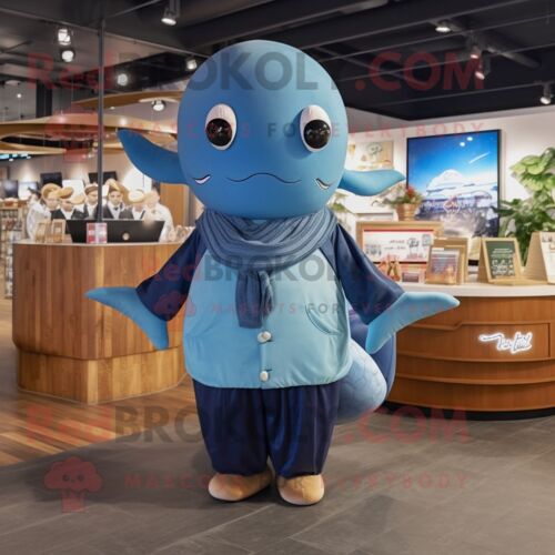 Personnage De Costume De Mascotte Redbrokoly De Baleine Bleue Marron Habillé D'une Combinaison Et D'écharpes