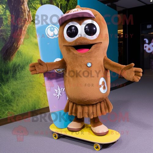 Personnage De Costume De Mascotte Redbrokoly De Skateboard Marron Habillé D'une Jupe Circulaire Et De Sacs Messenger