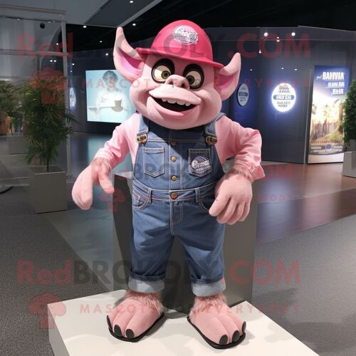 Personnage De Costume De Mascotte Redbrokoly De Gargouille Rose Habillé D'un Short En Jean Et D'épingles À Chapeau