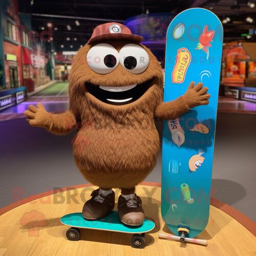 Personnage De Costume De Mascotte Redbrokoly De Skateboard Marron Habillé D'une Jupe Circulaire Et De Sacs Messenger