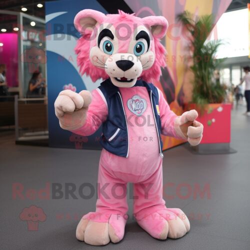 Costume De Mascotte Redbrokoly De Smilodon Rose Habillé Avec Un Jean Et Des Pochettes