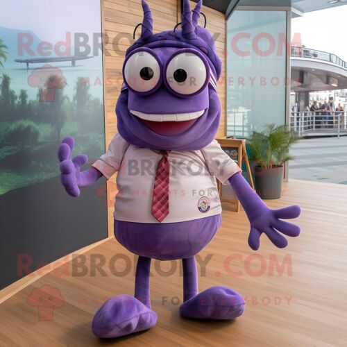 Personnage De Costume De Mascotte Redbrokoly De Homard Violet Habillé D'un Pantalon De Costume Et De Lunettes