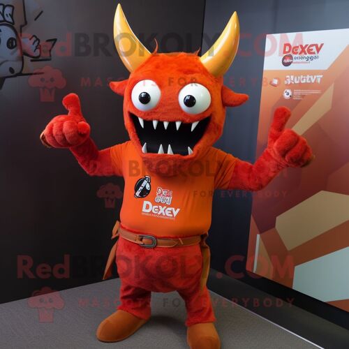 Personnage De Costume De Mascotte Redbrokoly Rust Devil Habillé Avec Un T-Shirt À Col En V Et Des Pinces À Cheveux