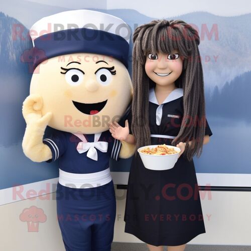 Personnage De Costume De Mascotte Redbrokoly Ramen Bleu Marine Habillé D'une Chemise De Ville Et De Pinces À Cheveux