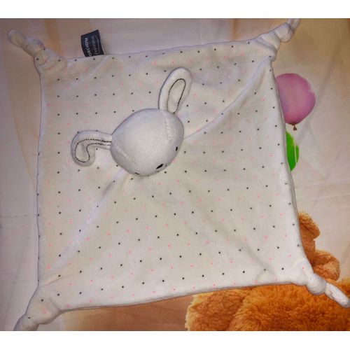 Doudou Lapin Orchestra Plat Blanc Pois Rose Fluo & Gris Peluche Jouet Bebe Premaman
