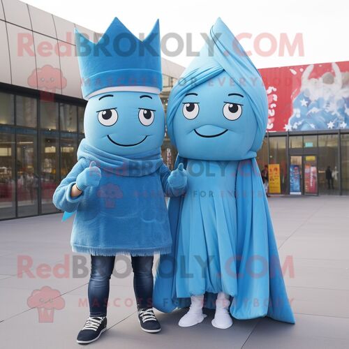 Personnage De Costume De Mascotte Redbrokoly Sky Blue Queen Habillé Avec Un Jean Boyfriend Et Des Écharpes