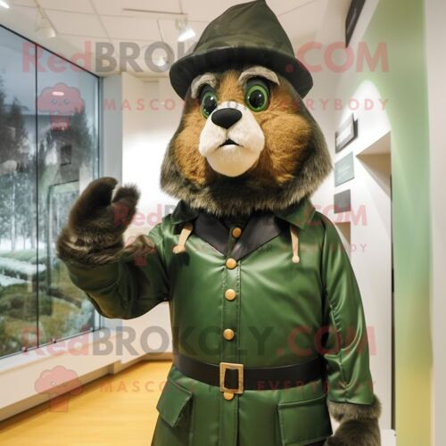 Personnage De Costume De Mascotte Redbrokoly De Soldat De La Guerre Civile Vert Forêt Habillé D'une Parka Et De Bonnets