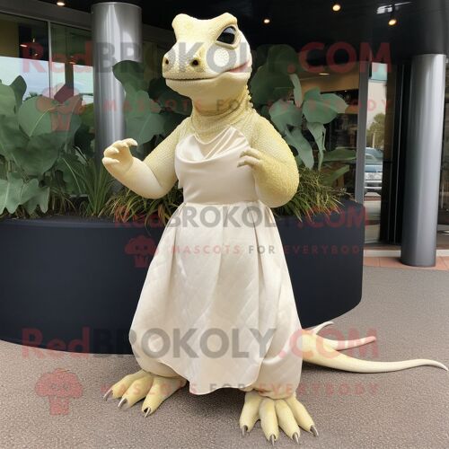 Personnage De Costume De Mascotte Redbrokoly De Dragon De Komodo Crème Habillé D'une Robe De Bal Et De Pochettes